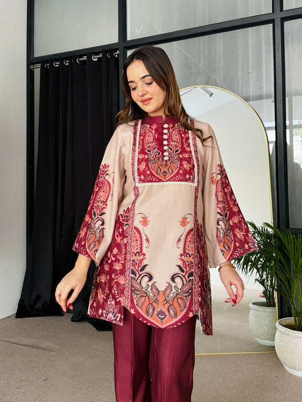 Feriha Beige Bold Winter Pashmina Kurta Set