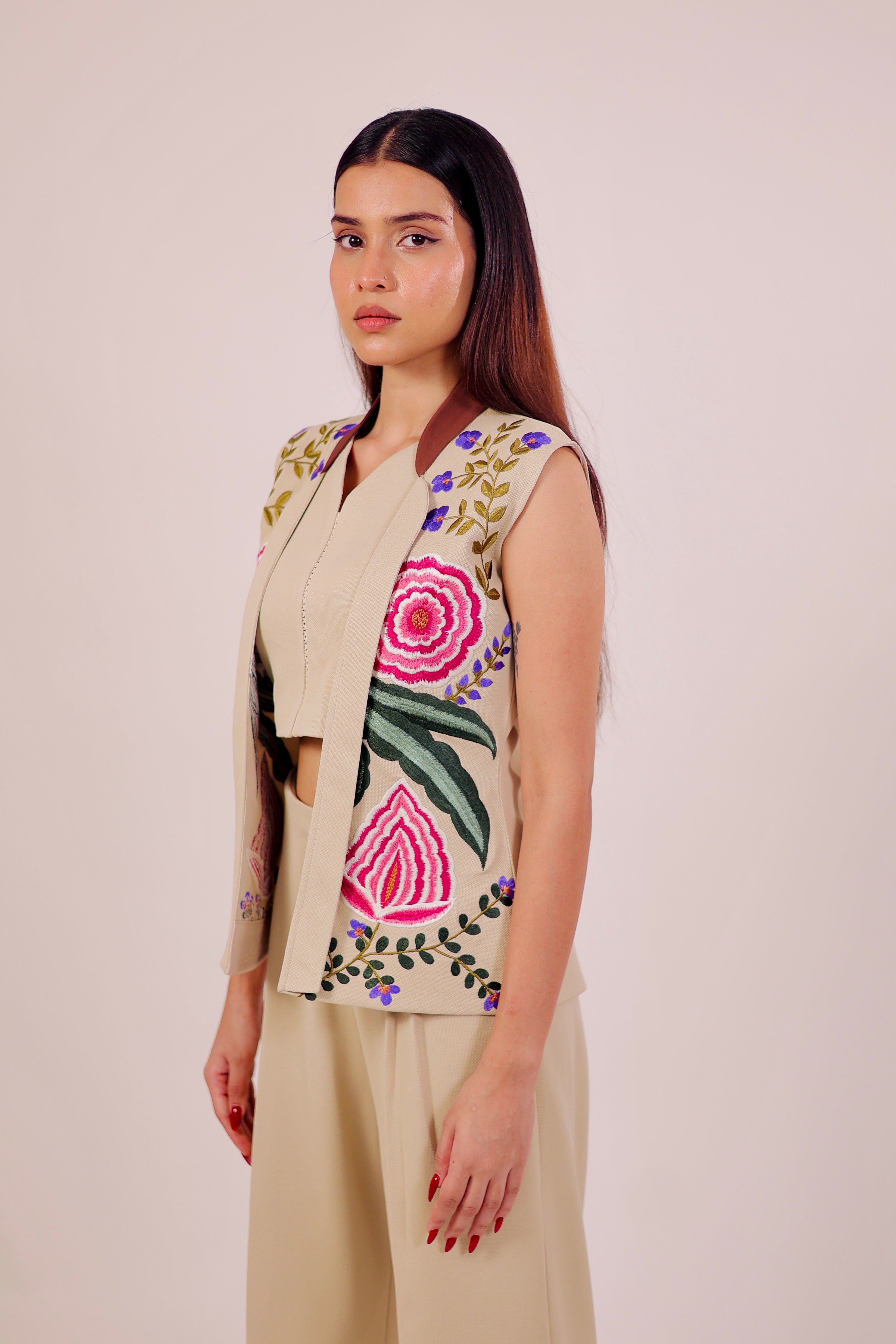 Beige Embroidered Blazer 3 Piece Set