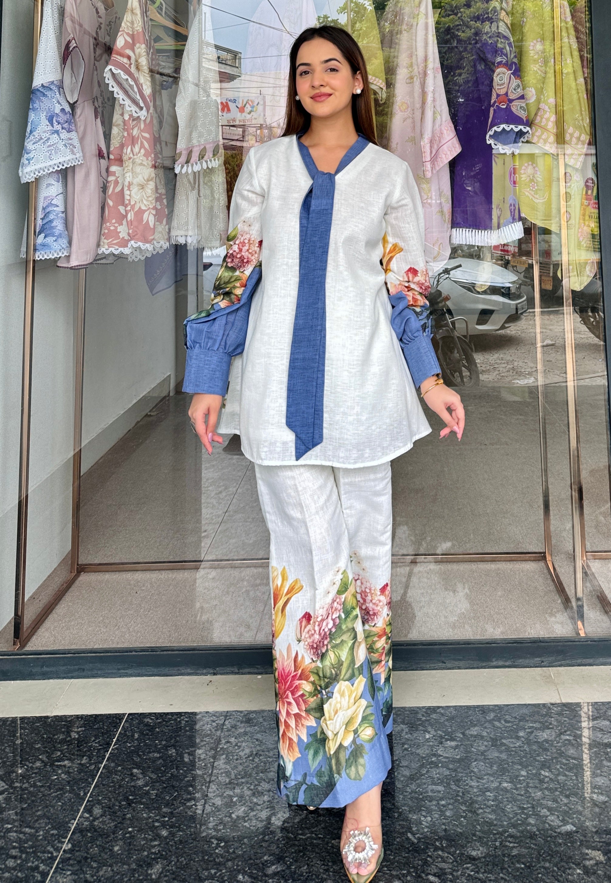 White Blue Co Ord Set