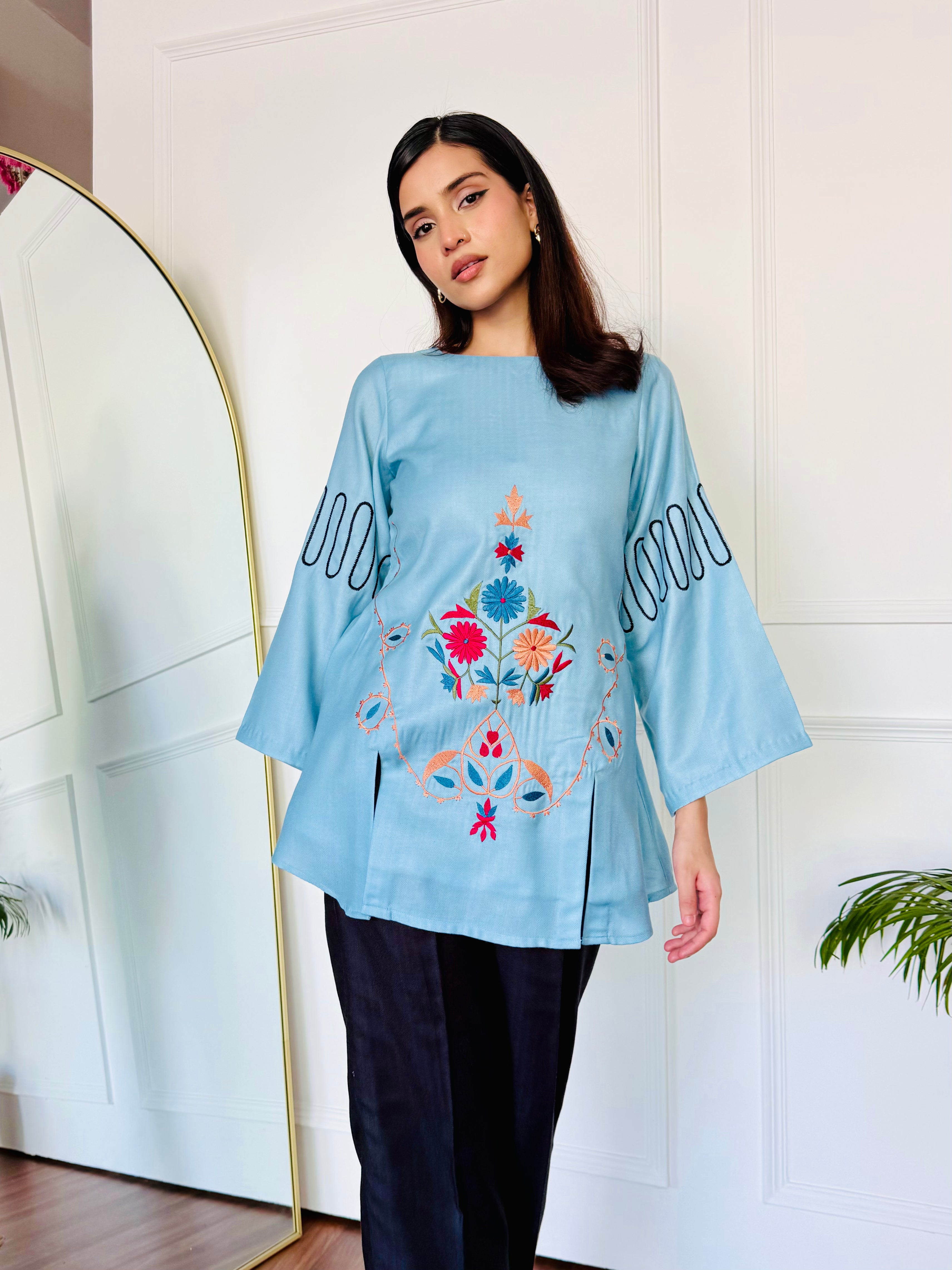 Blue & Black Embroidered Kurta Set