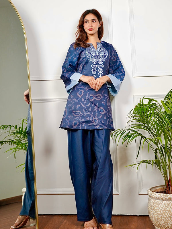 Two Tone Blue Paisley Kurt Set