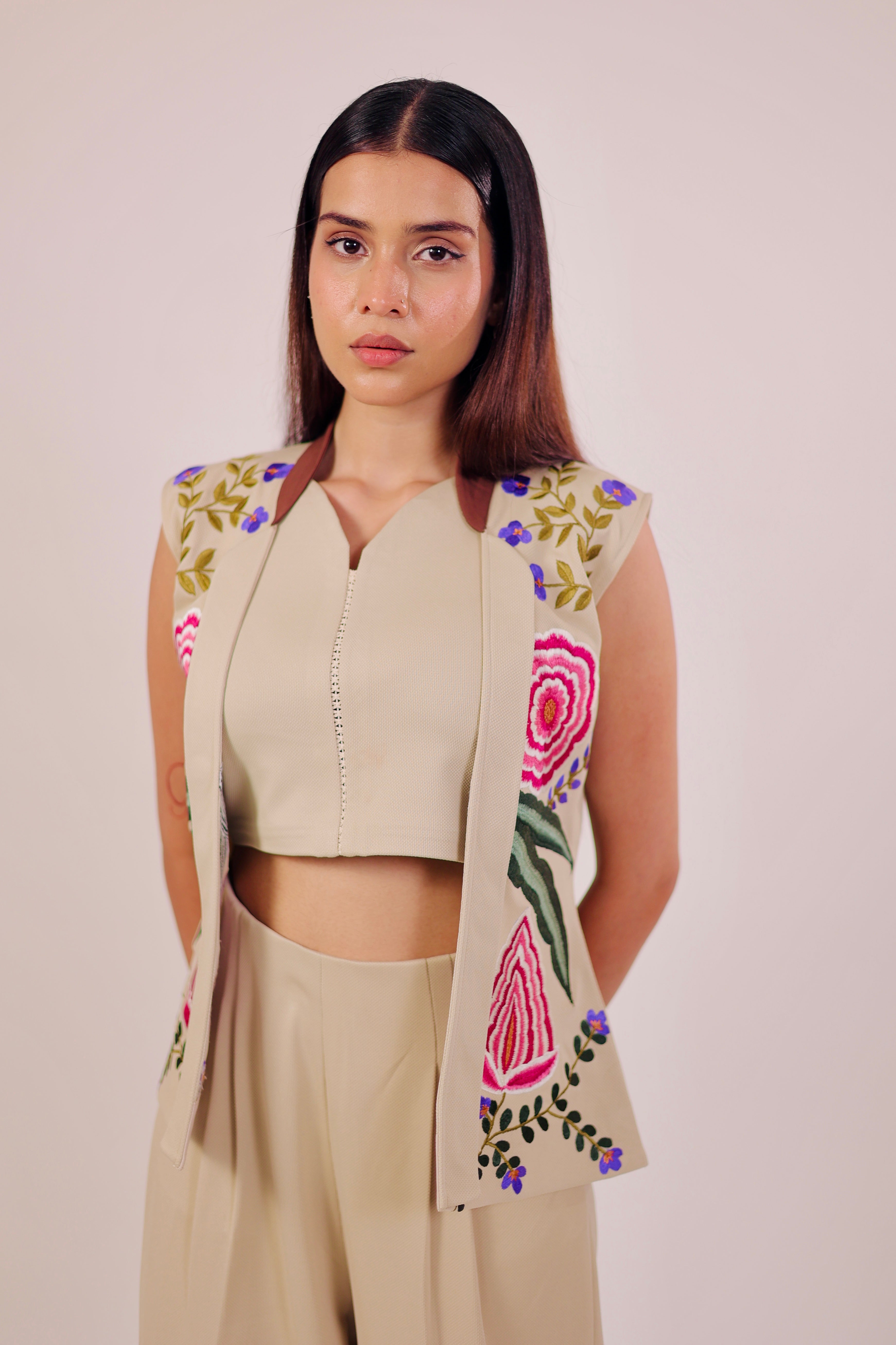 Beige Embroidered Blazer 3 Piece Set