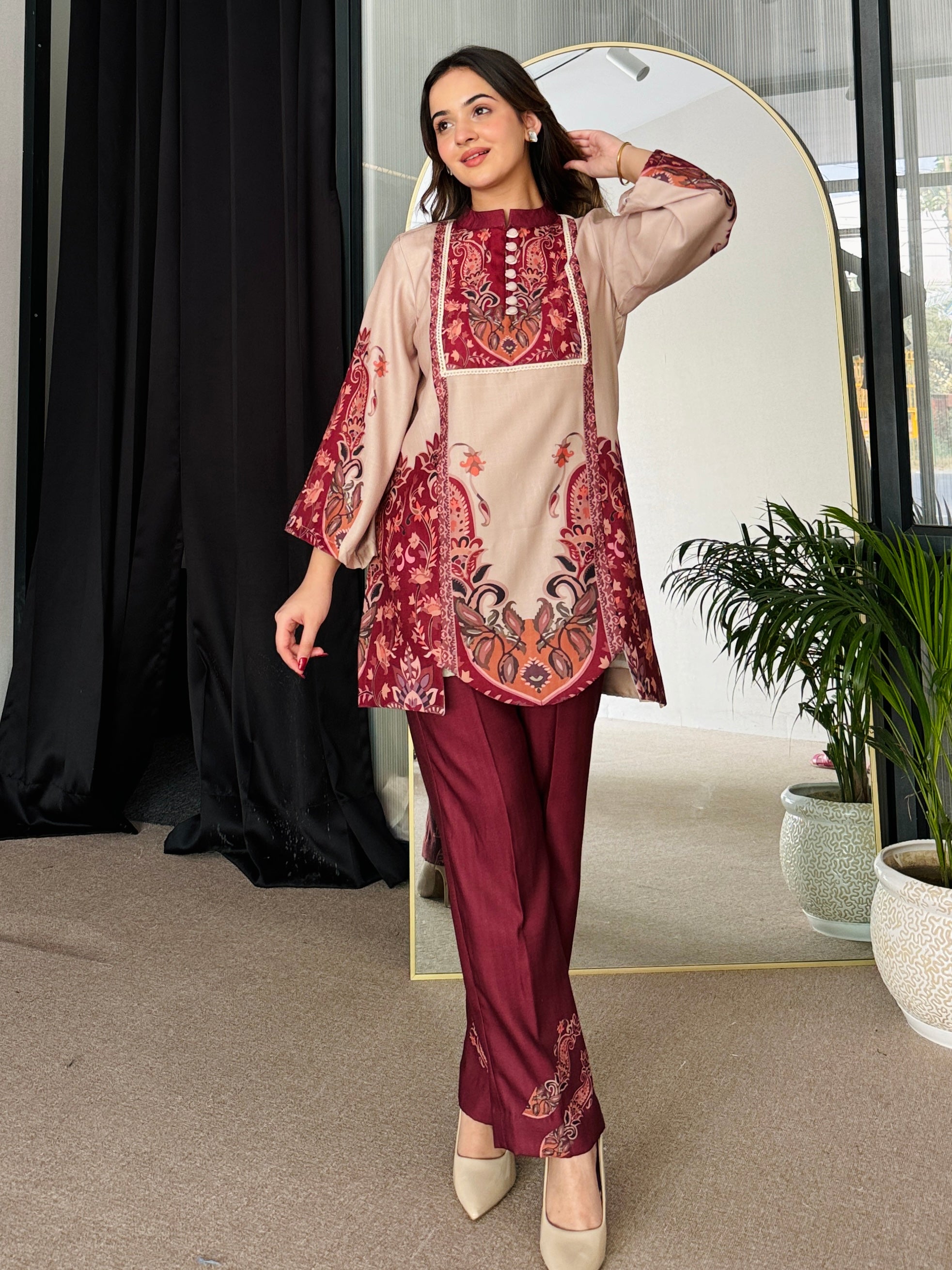 Feriha Beige Bold Winter Pashmina Kurta Set
