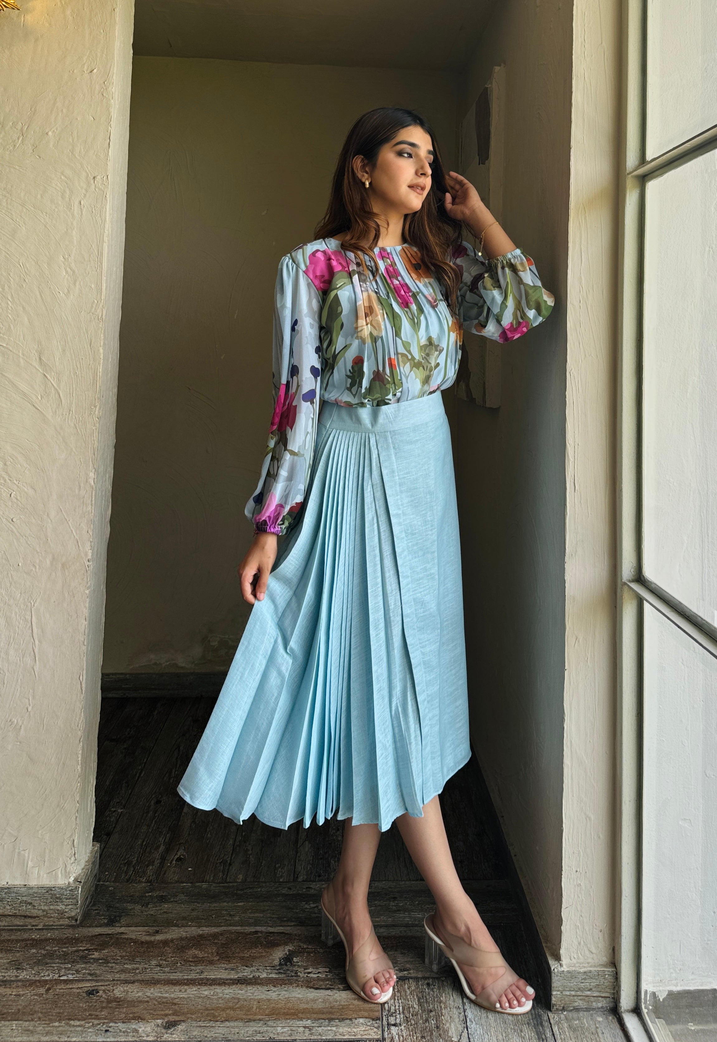 Pleated Formal Blue Skirt Set Women's Skirt Sets Online Pluch