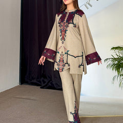Beige Wine Cutwork Woollen Kurta Set