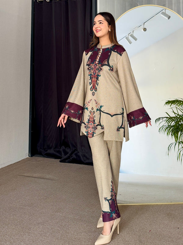 Beige Wine Cutwork Woollen Kurta Set