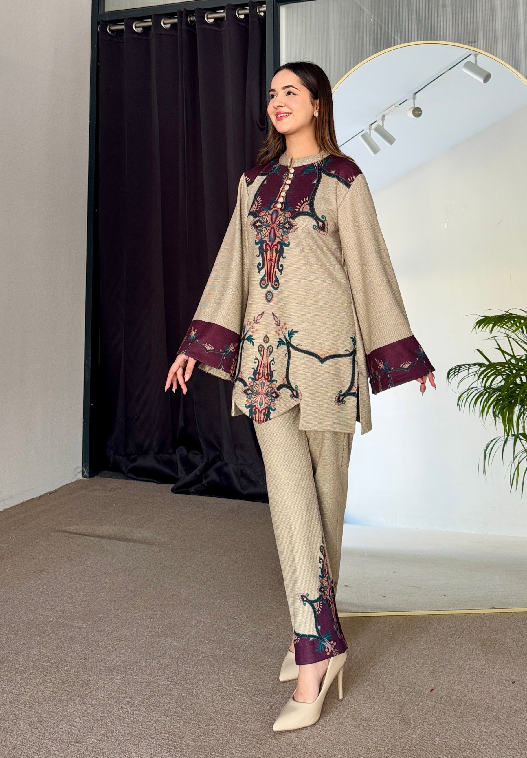 Beige Wine Cutwork Woollen Kurta Set