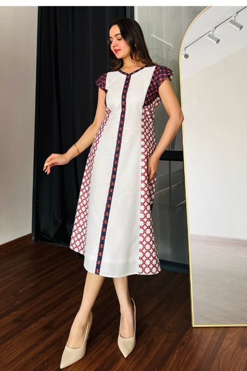 Ivory Grid Midi Dress