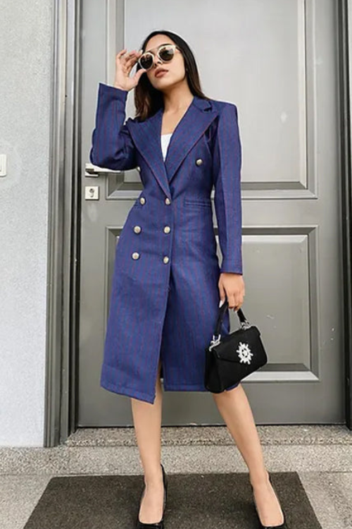 Blue Striped Tweed Blazer Dress Women's Dresses Online Pluch