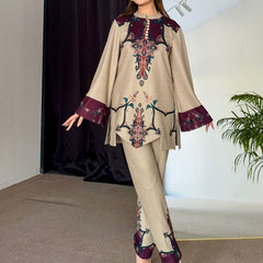 Beige Wine Cutwork Woollen Kurta Set