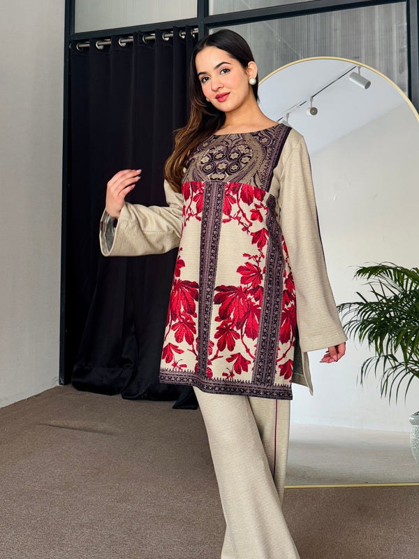 Noor Red Beige Winter Floral Kurta Set