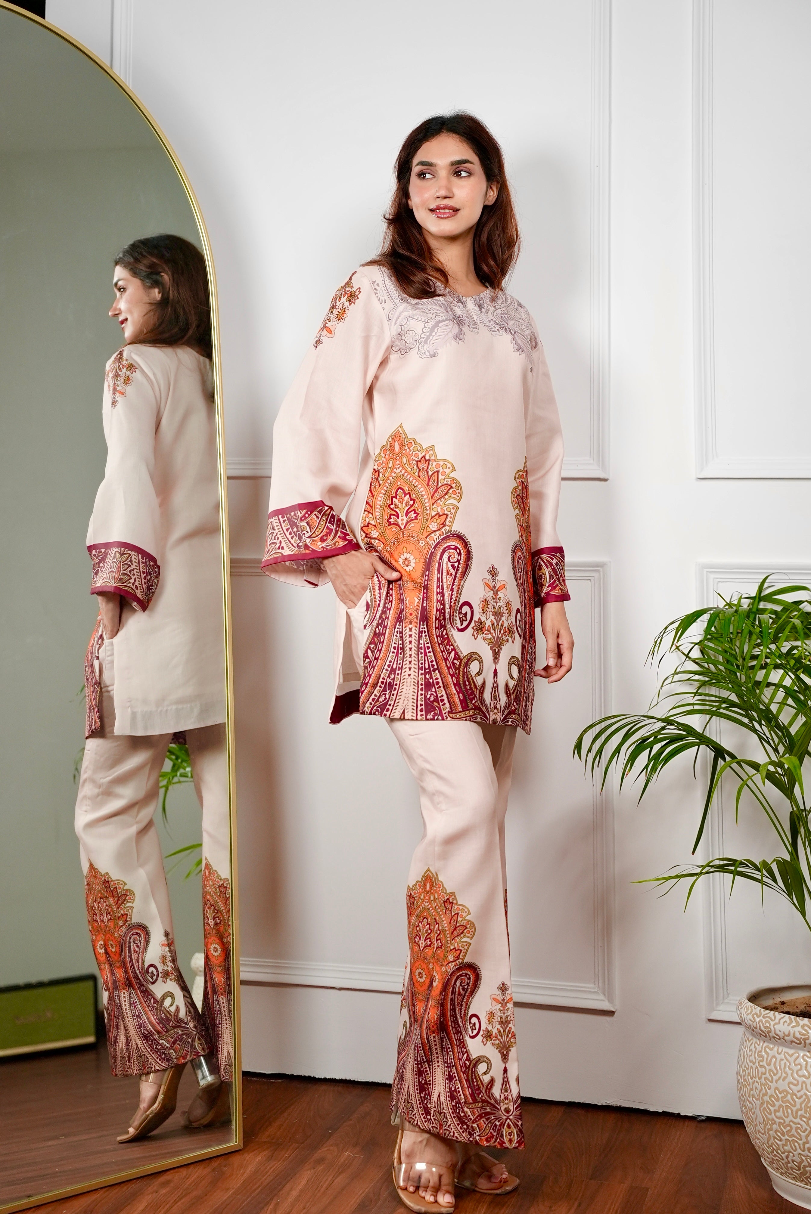 Zar Beige Paisley Kurta Set