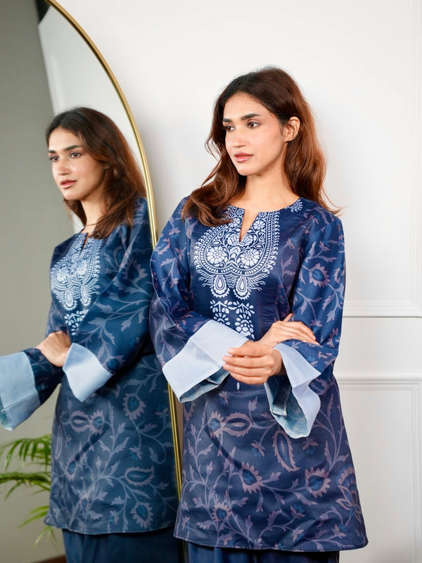 Two Tone Blue Paisley Kurt Set
