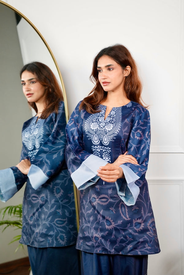 Two Tone Blue Paisley Kurt Set