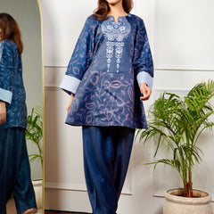 Two Tone Blue Paisley Kurt Set