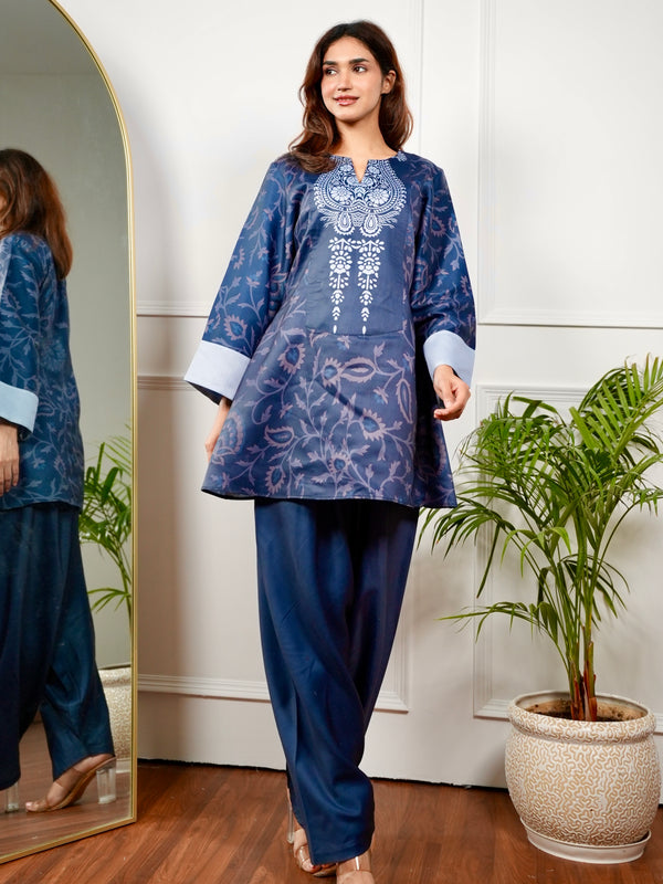 Two Tone Blue Paisley Kurt Set