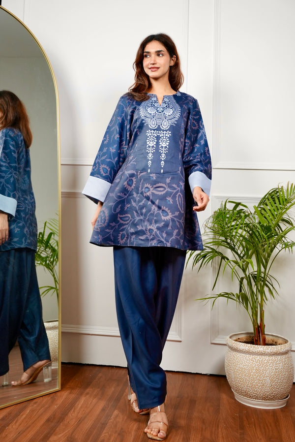 Two Tone Blue Paisley Kurt Set