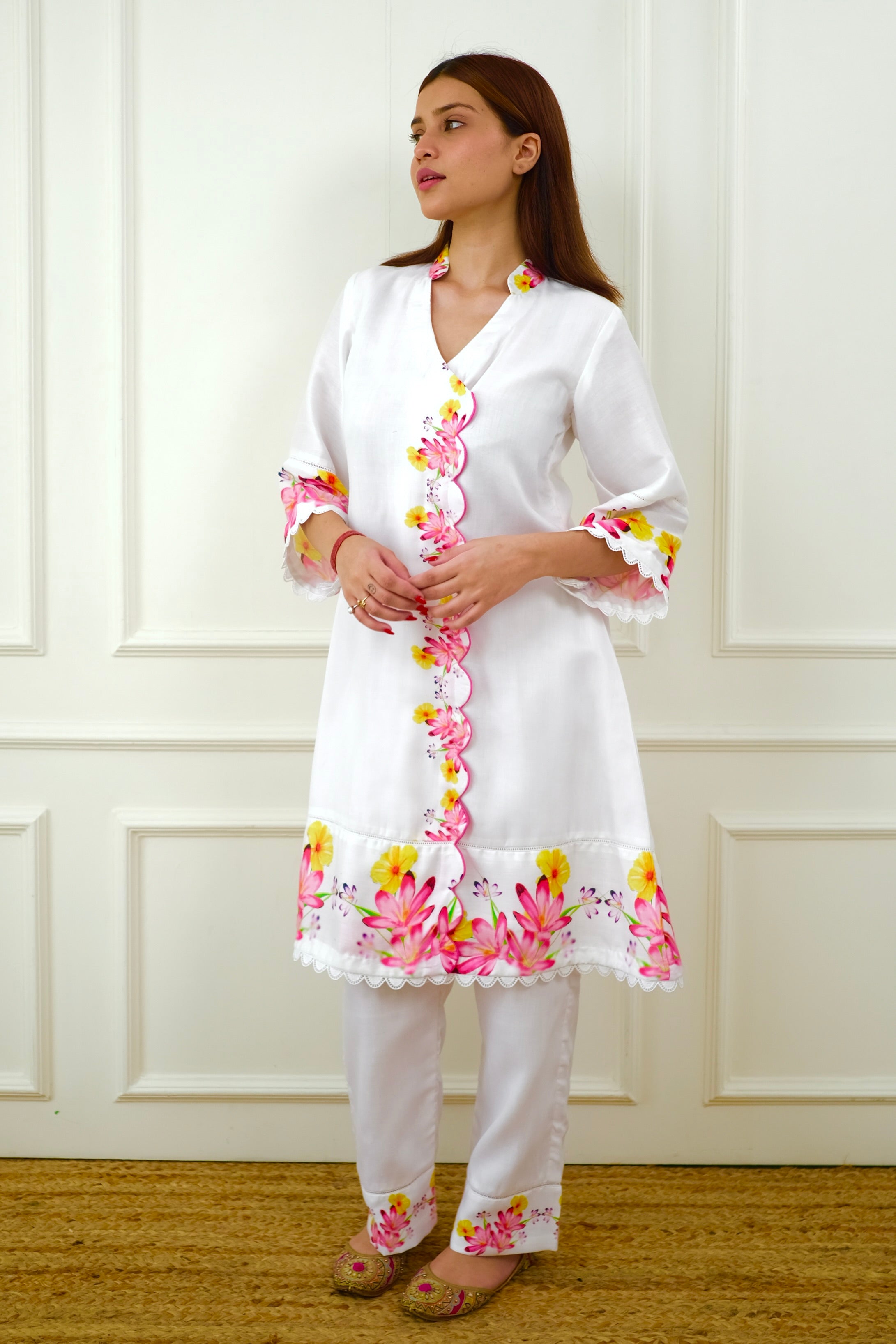 White Floral Pakistani Kurta Set