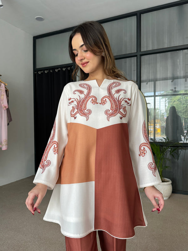 Tan Color Block Winter Kurta Set