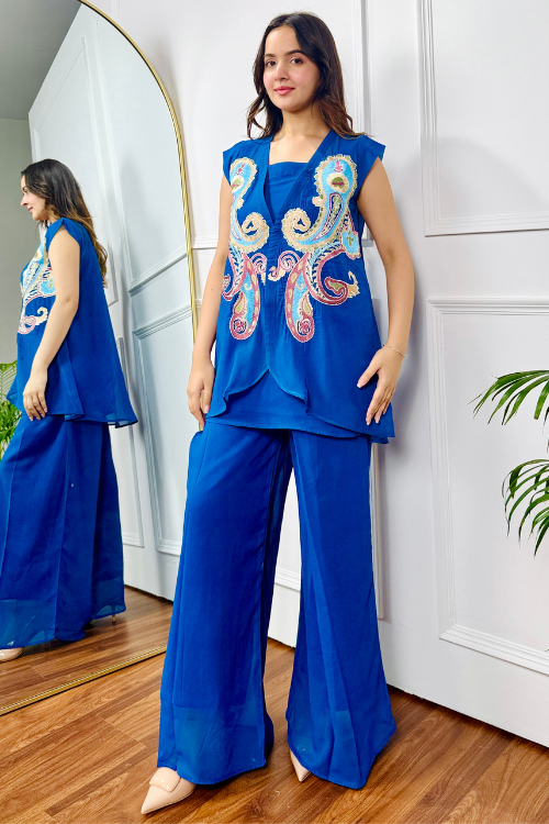 Blue Embroidered Festive 3 Piece Set