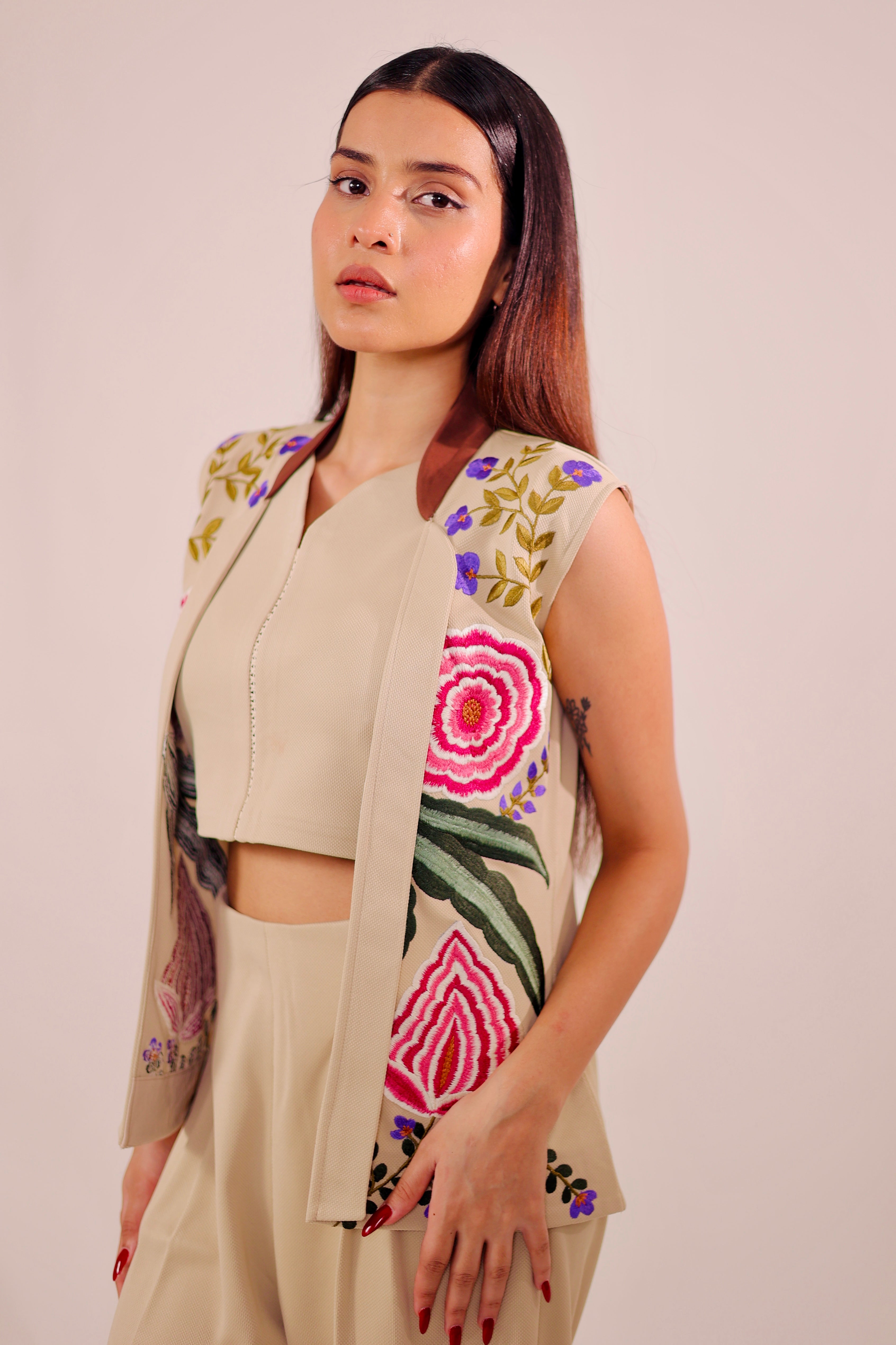 Beige Embroidered Blazer 3 Piece Set