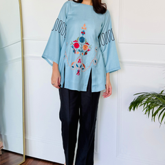Blue & Black Embroidered Kurta Set
