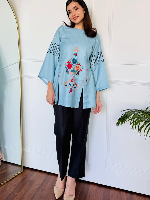 Blue & Black Embroidered Kurta Set