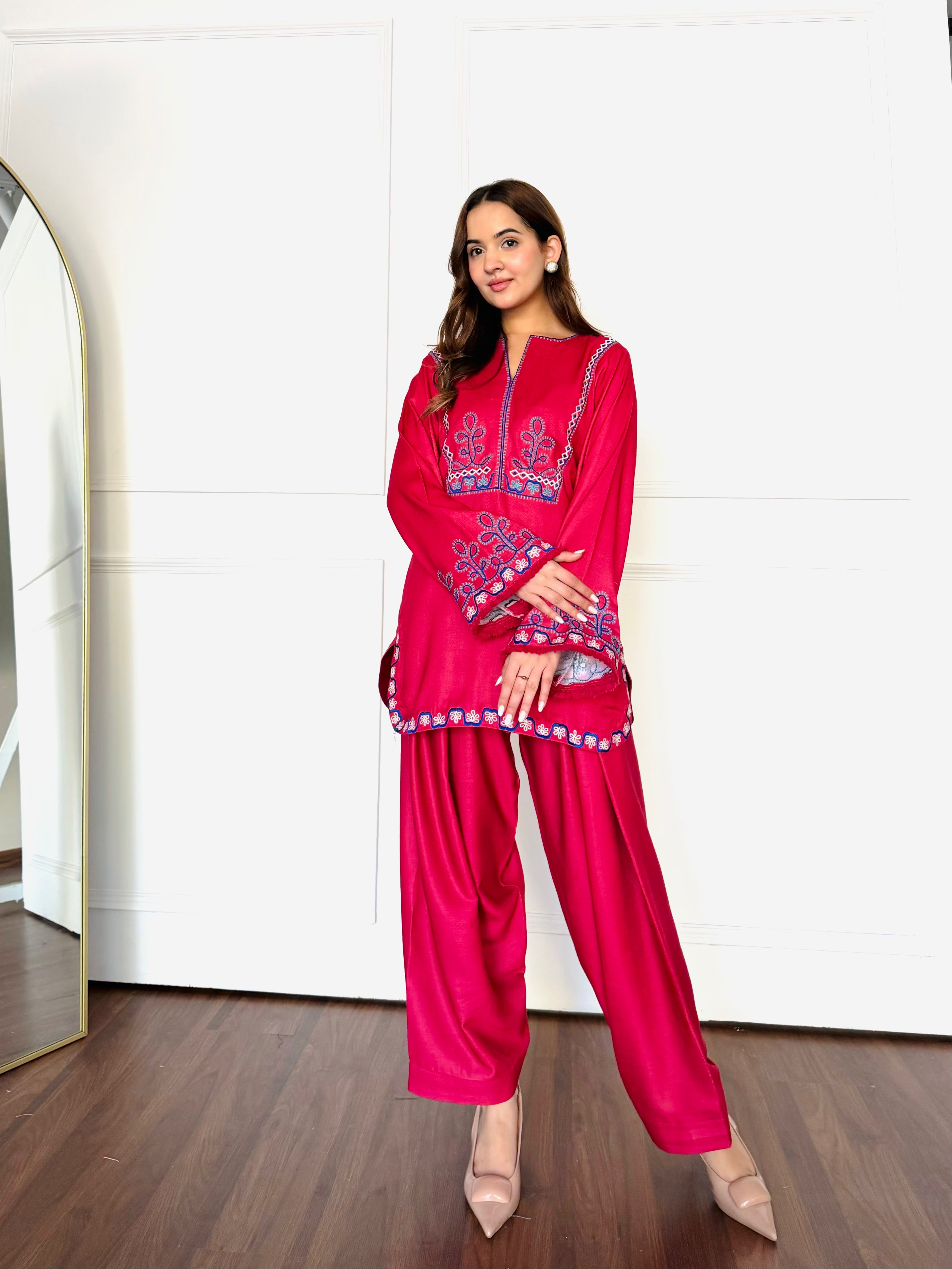 Red Embroidered Farshi Salwaar Set