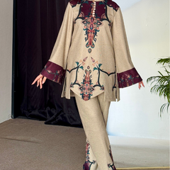 Beige Wine Cutwork Woollen Kurta Set