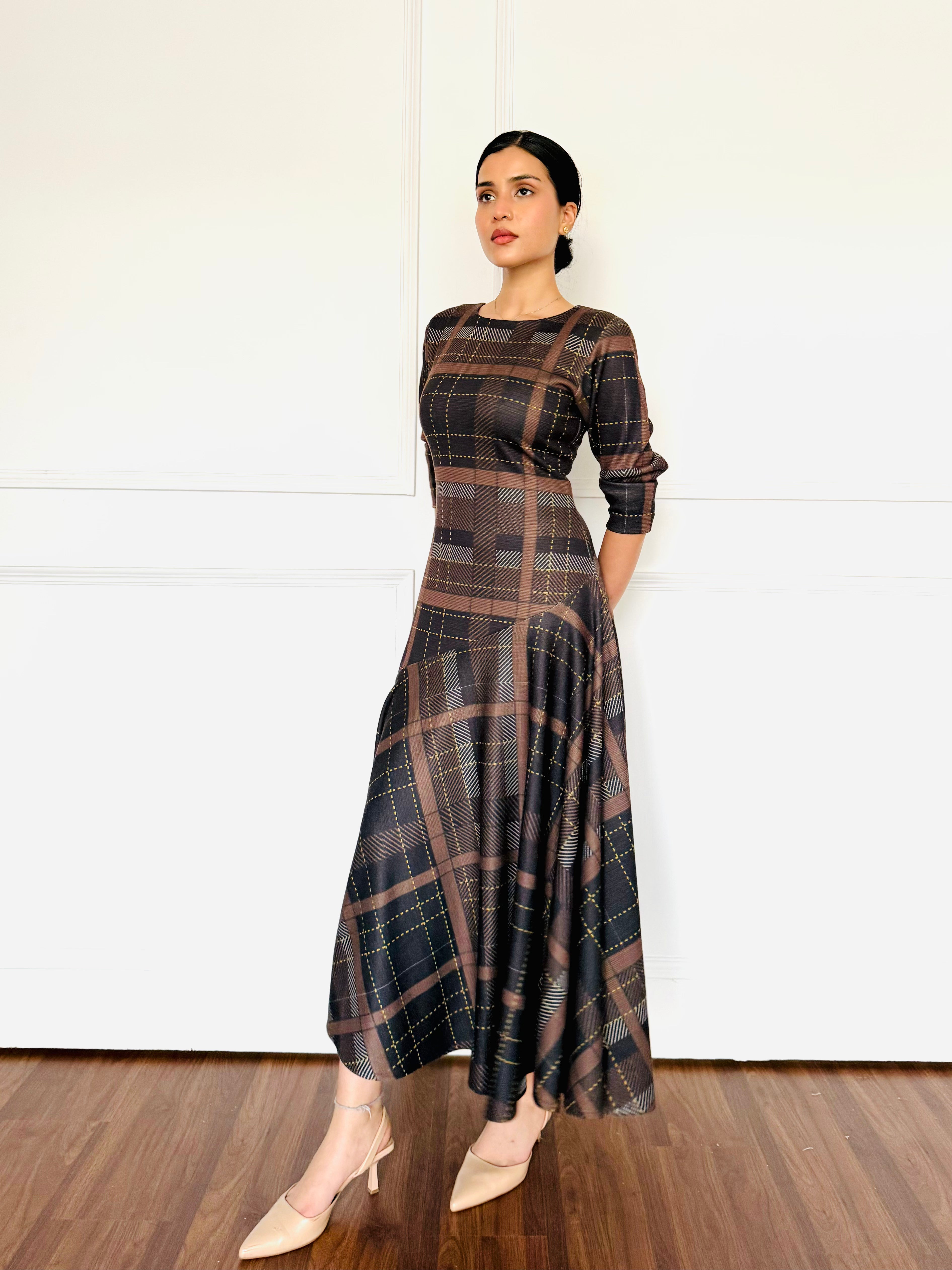 Brown Check Woollen Dress