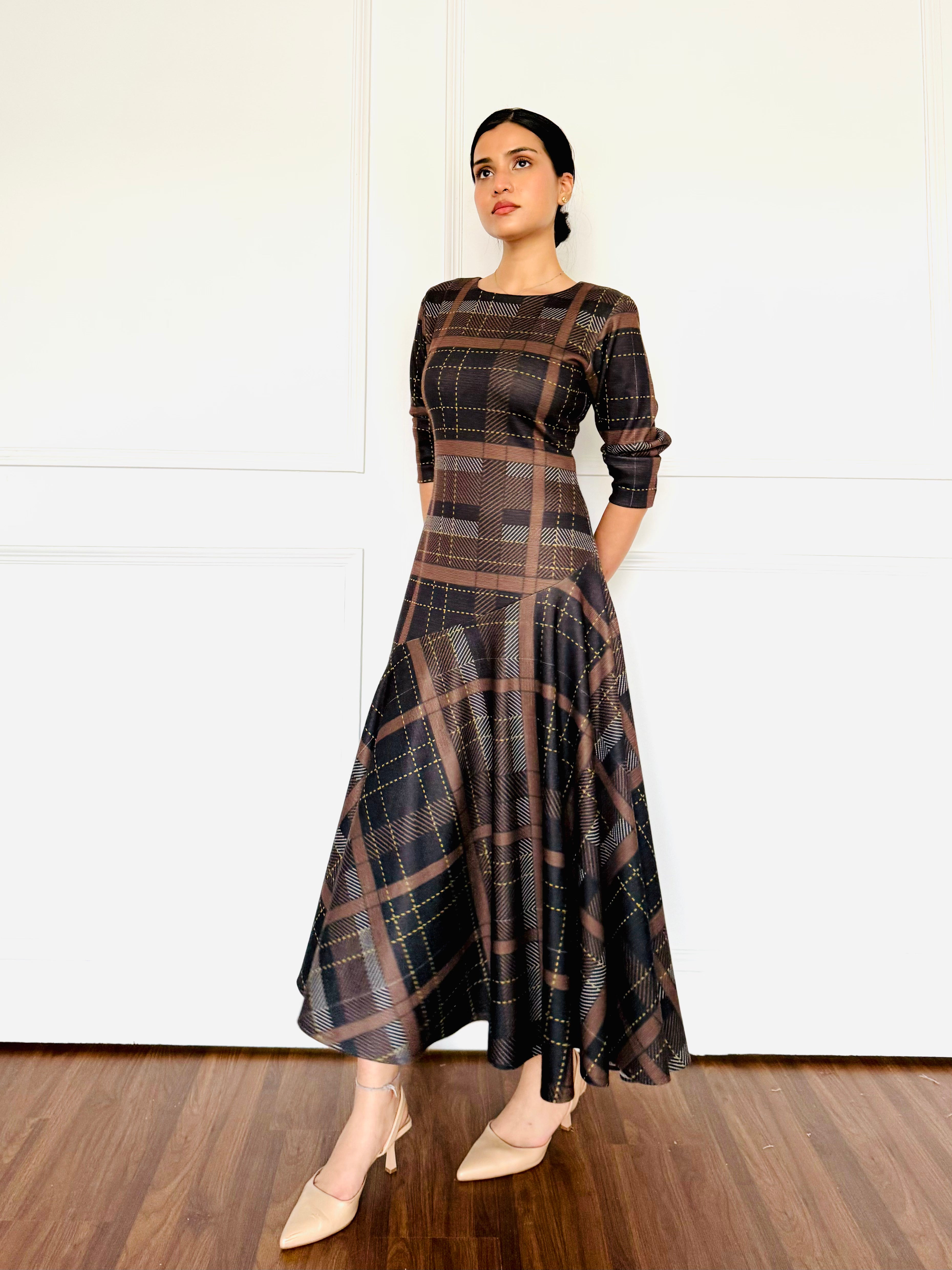 Brown Check Woollen Dress