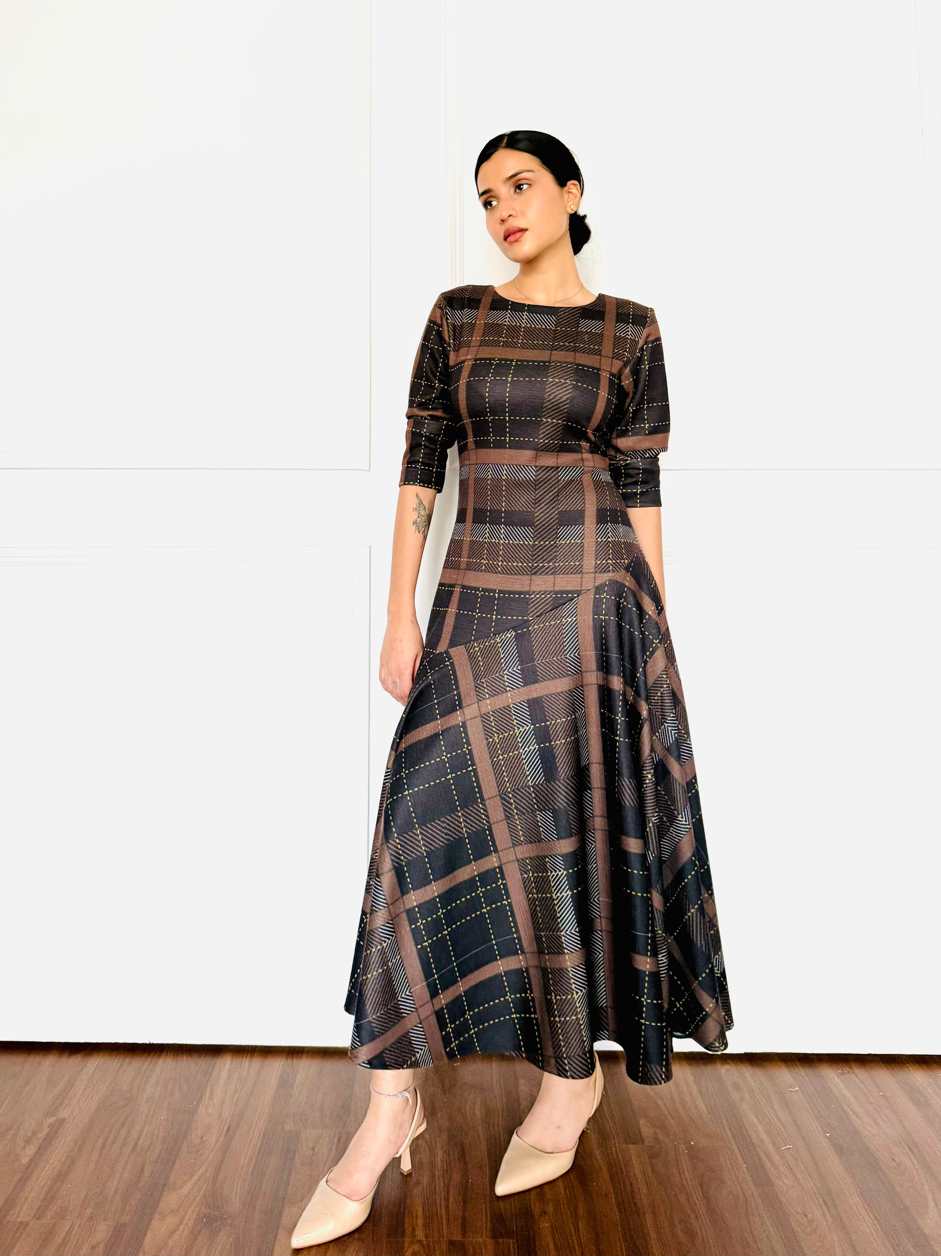 Brown Check Woollen Dress