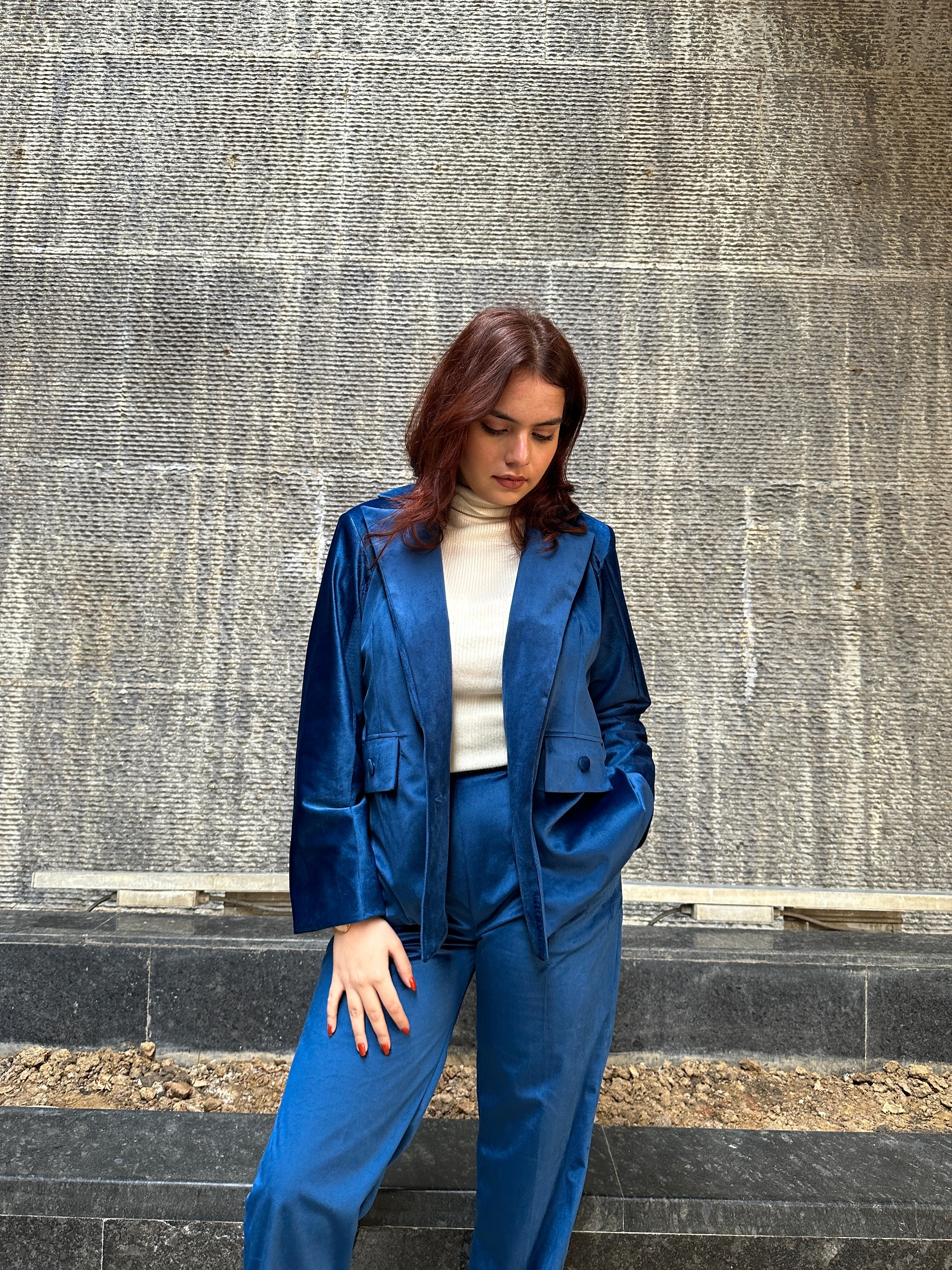 Blue Velvet Blazer Set