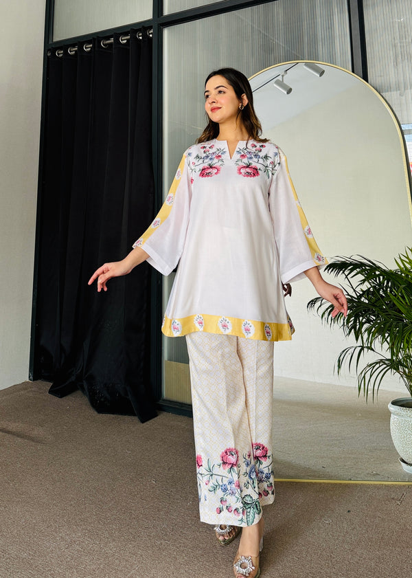 White Yellow Floral Kurta Set