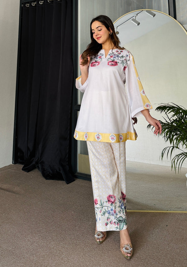 White Yellow Floral Kurta Set