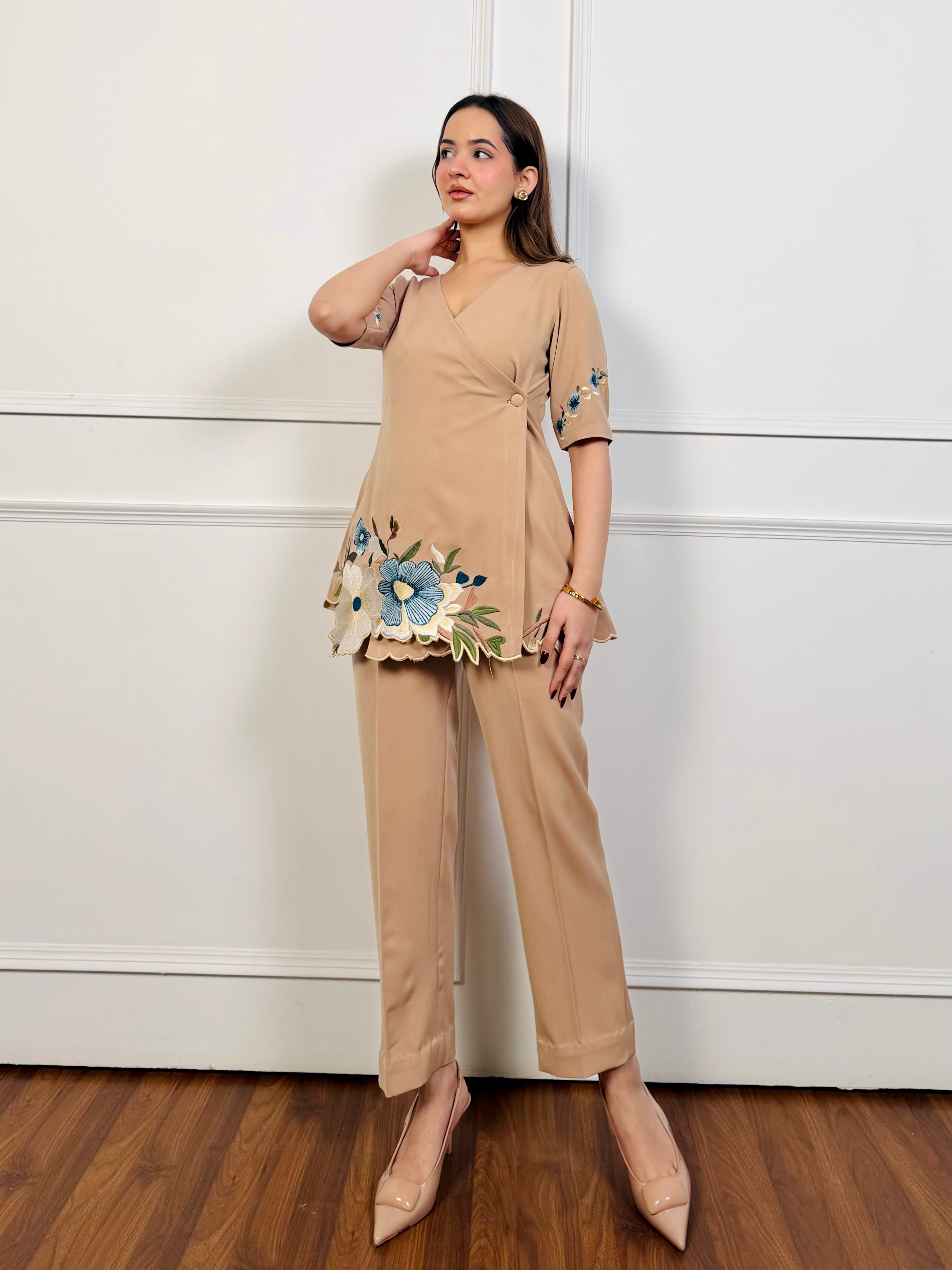 Beige Embroidered Co-ord Set