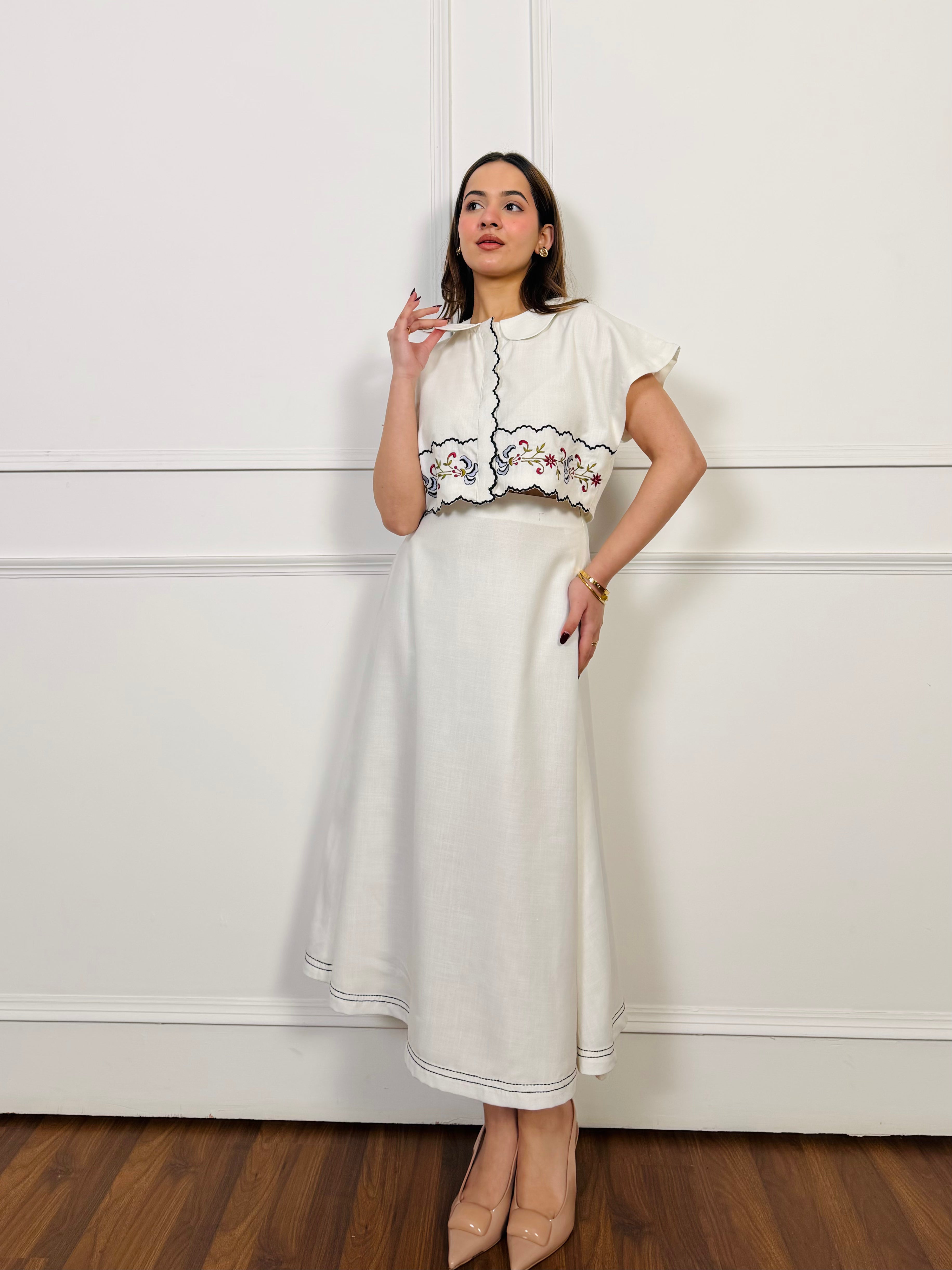 White Linen Embroidered Skirt Set