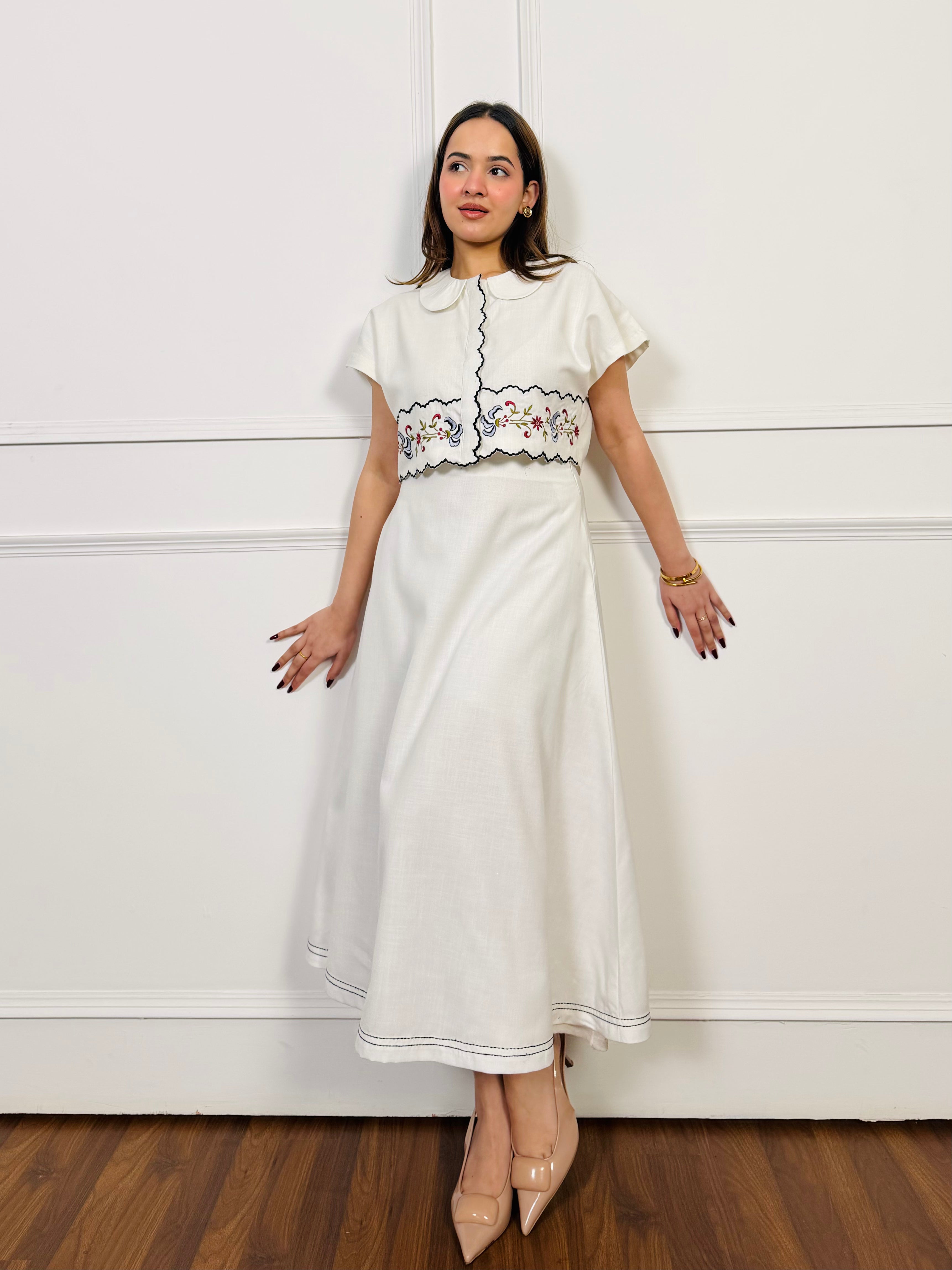 White Linen Embroidered Skirt Set