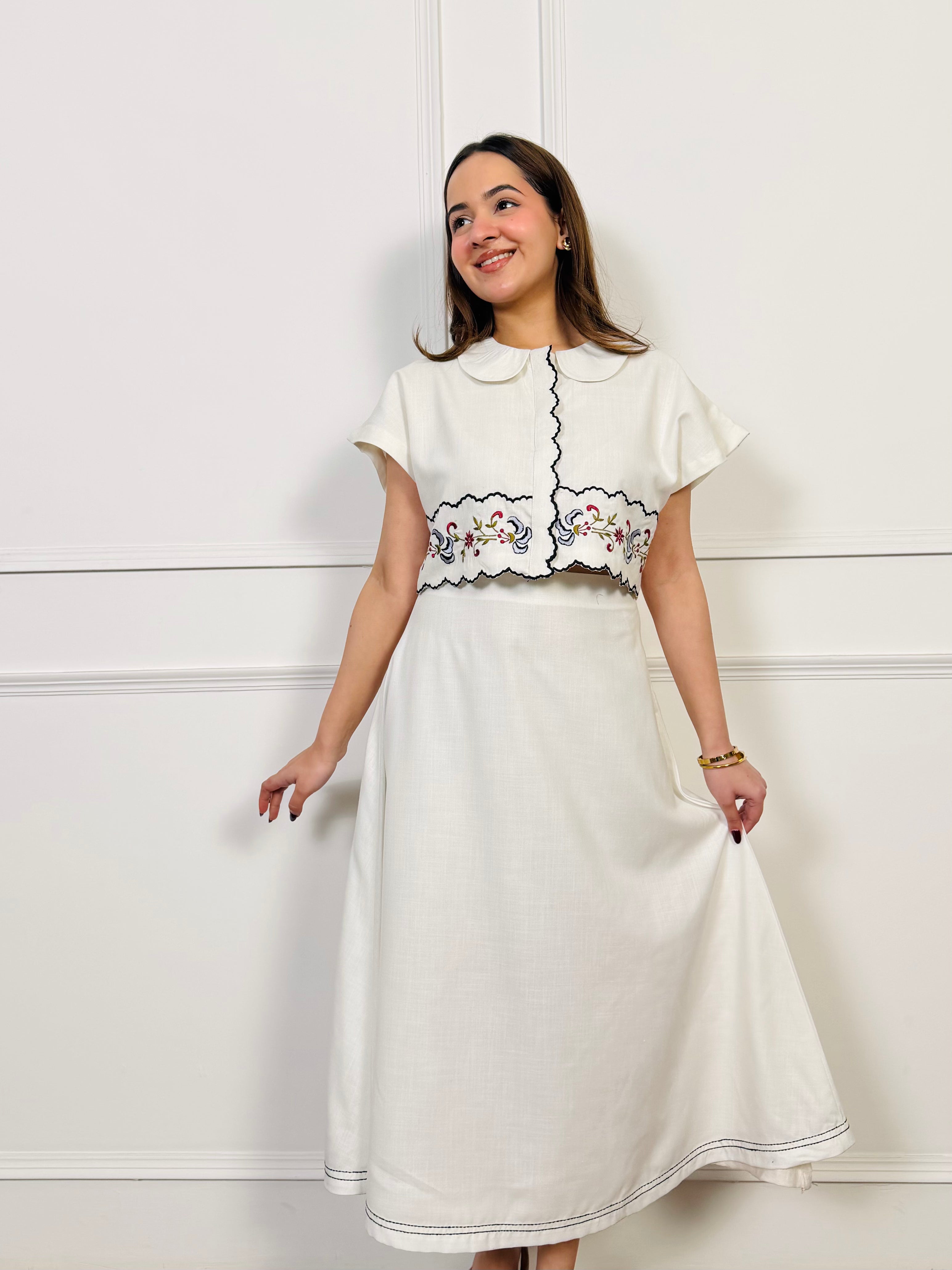 White Linen Embroidered Skirt Set