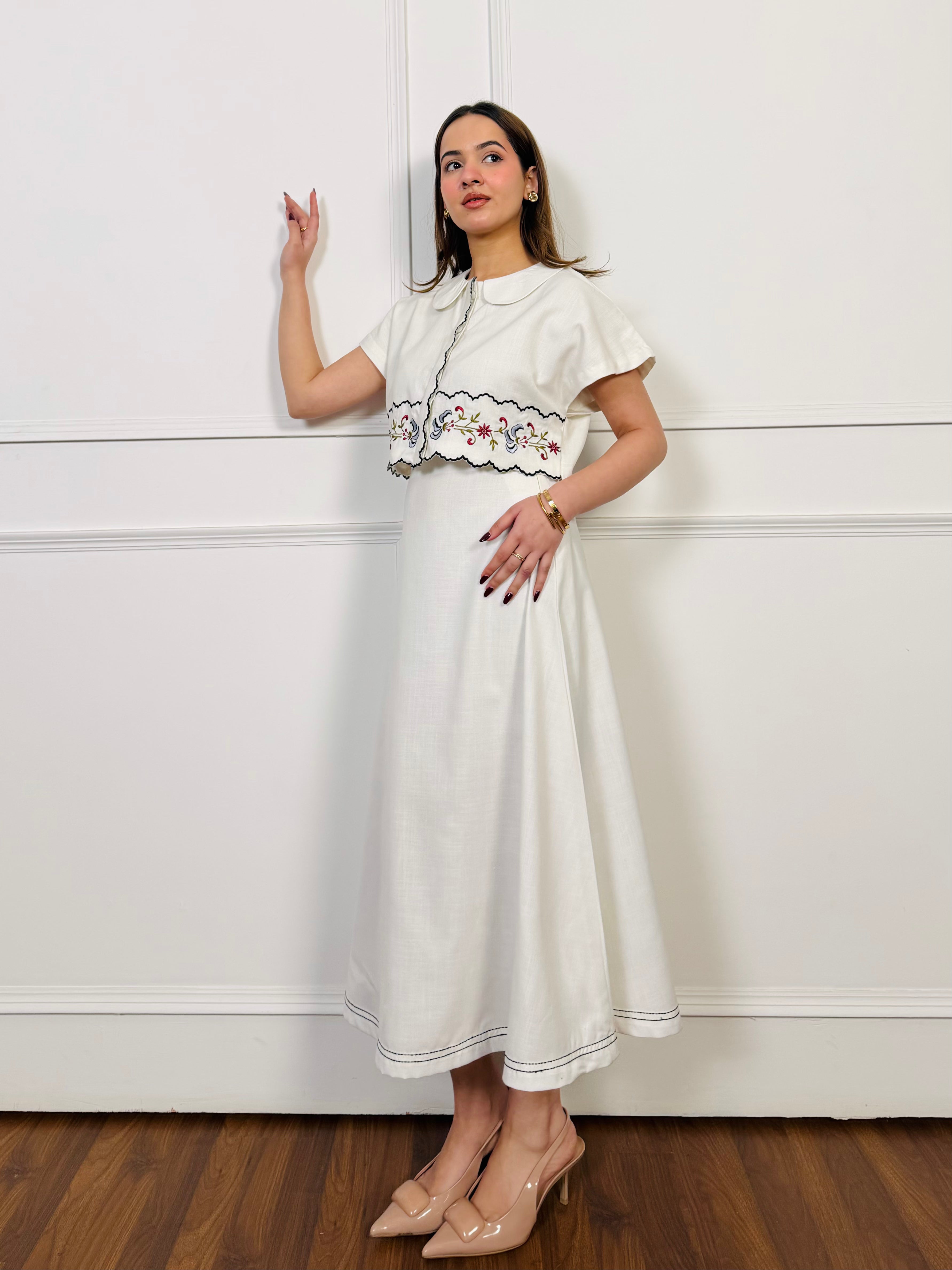 White Linen Embroidered Skirt Set