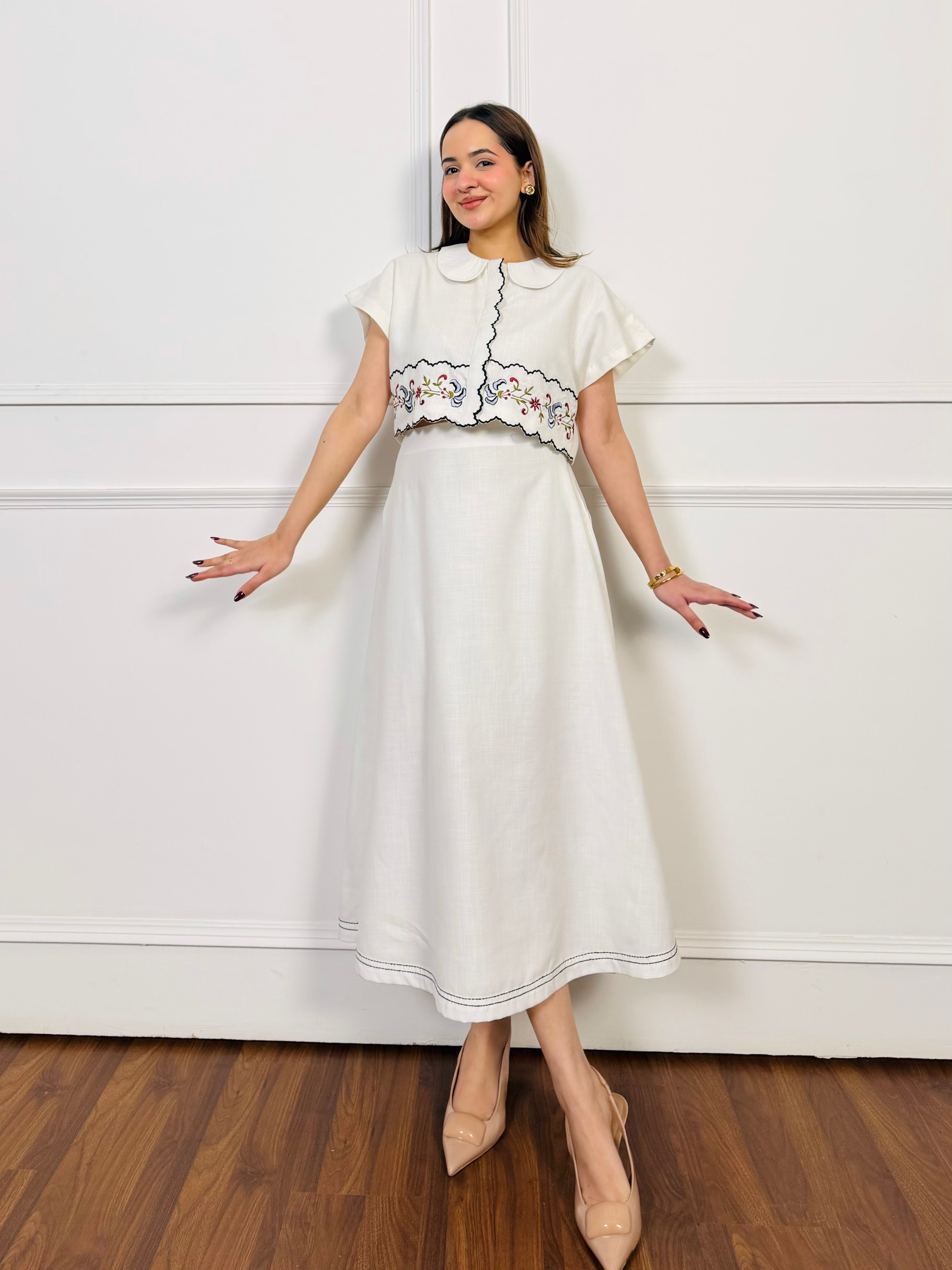 White Linen Embroidered Skirt Set