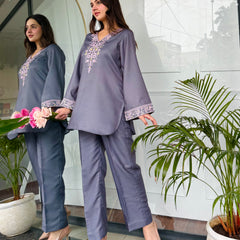 Gray Emnroidered Kurta Set