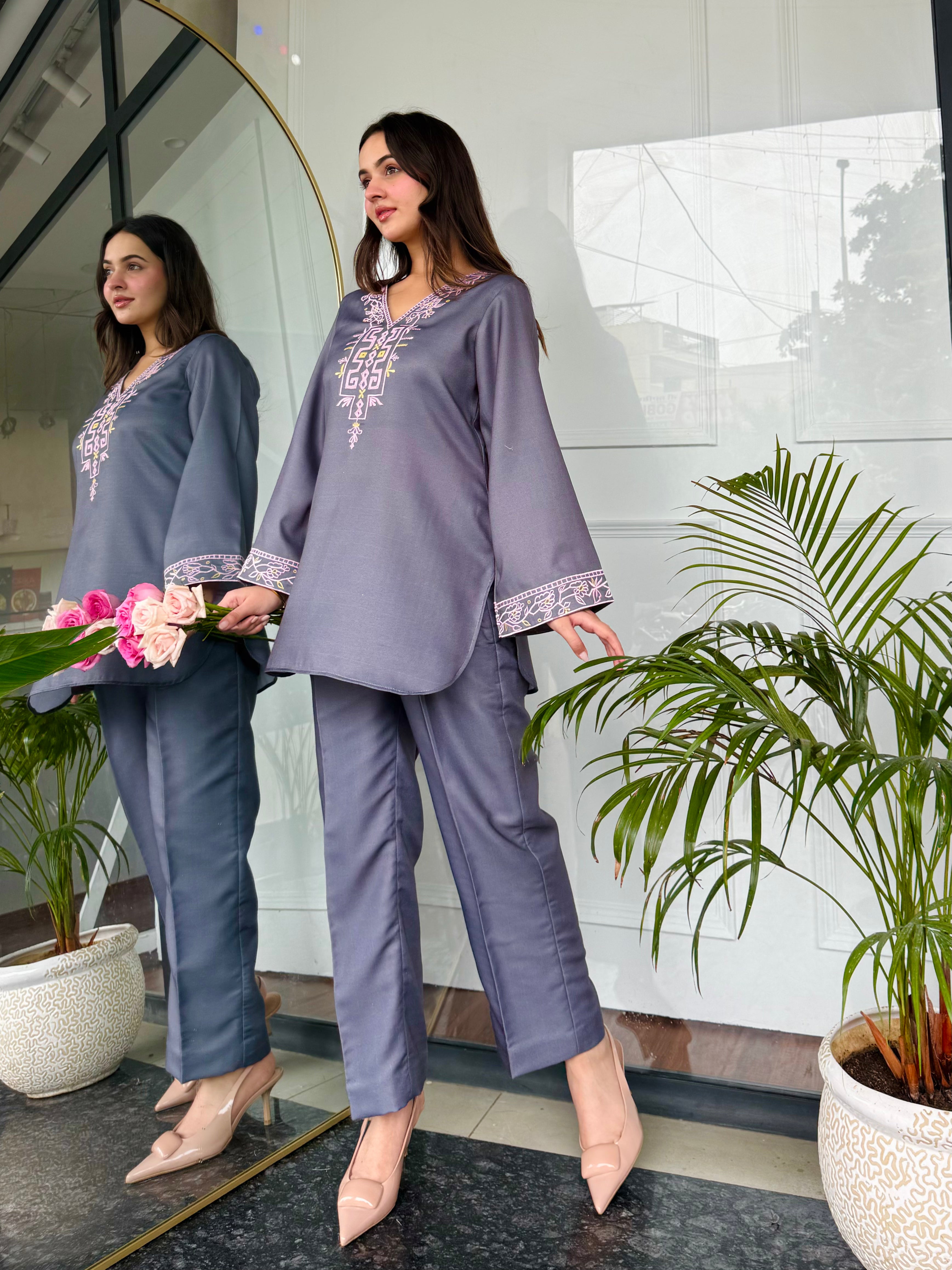 Gray Emnroidered Kurta Set