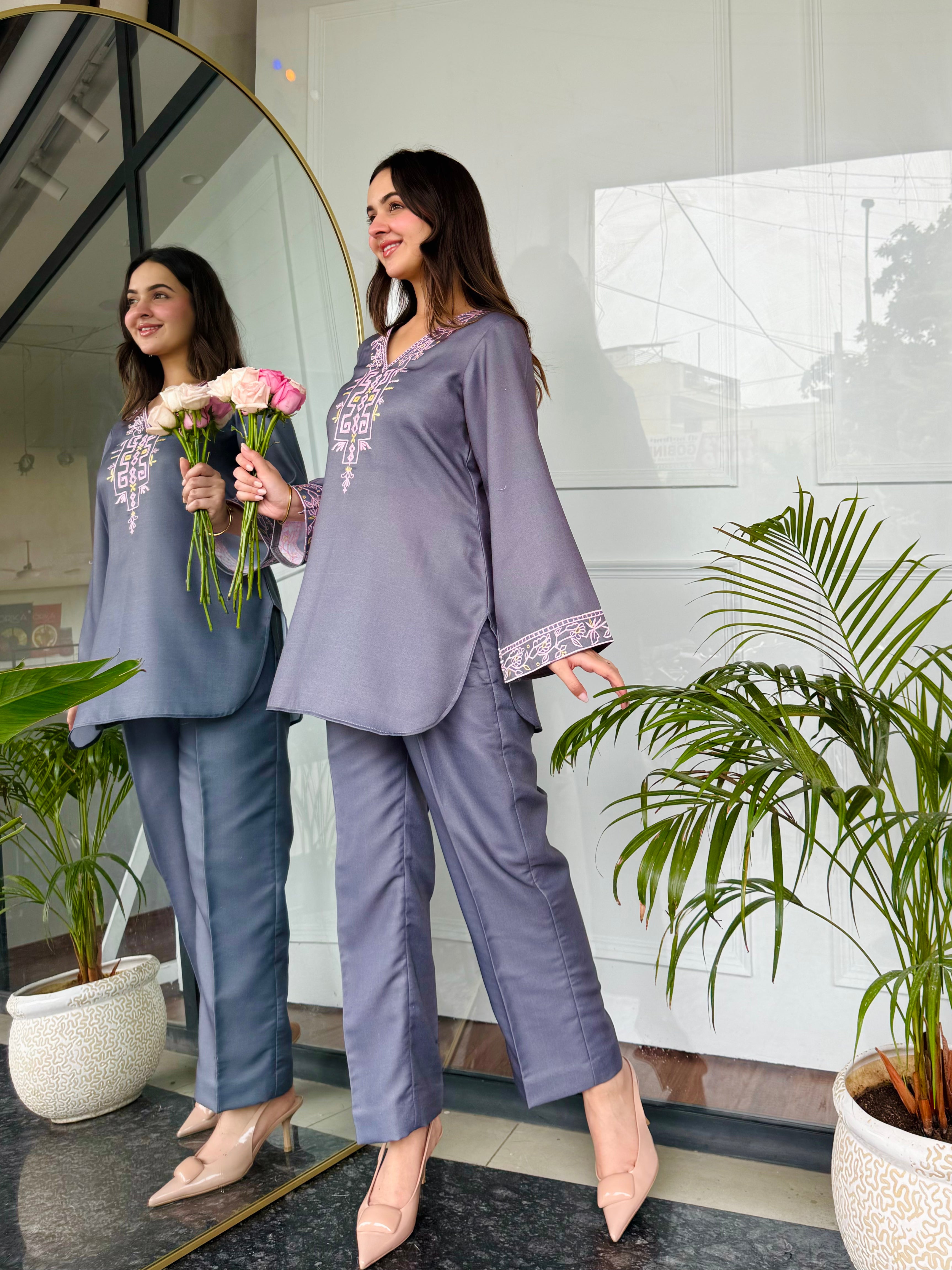 Gray Emnroidered Kurta Set