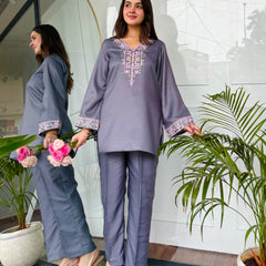 Gray Emnroidered Kurta Set