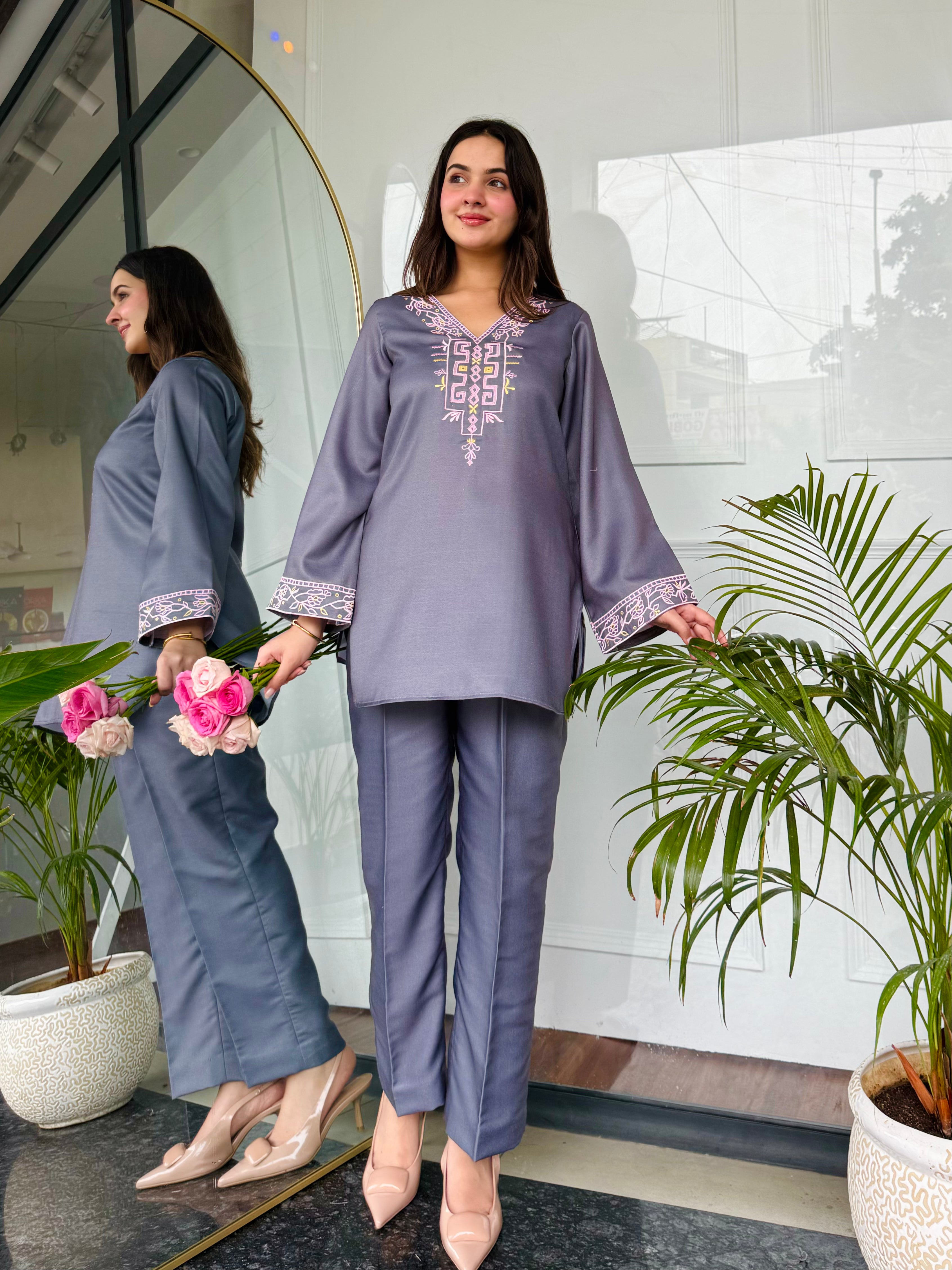 Gray Emnroidered Kurta Set