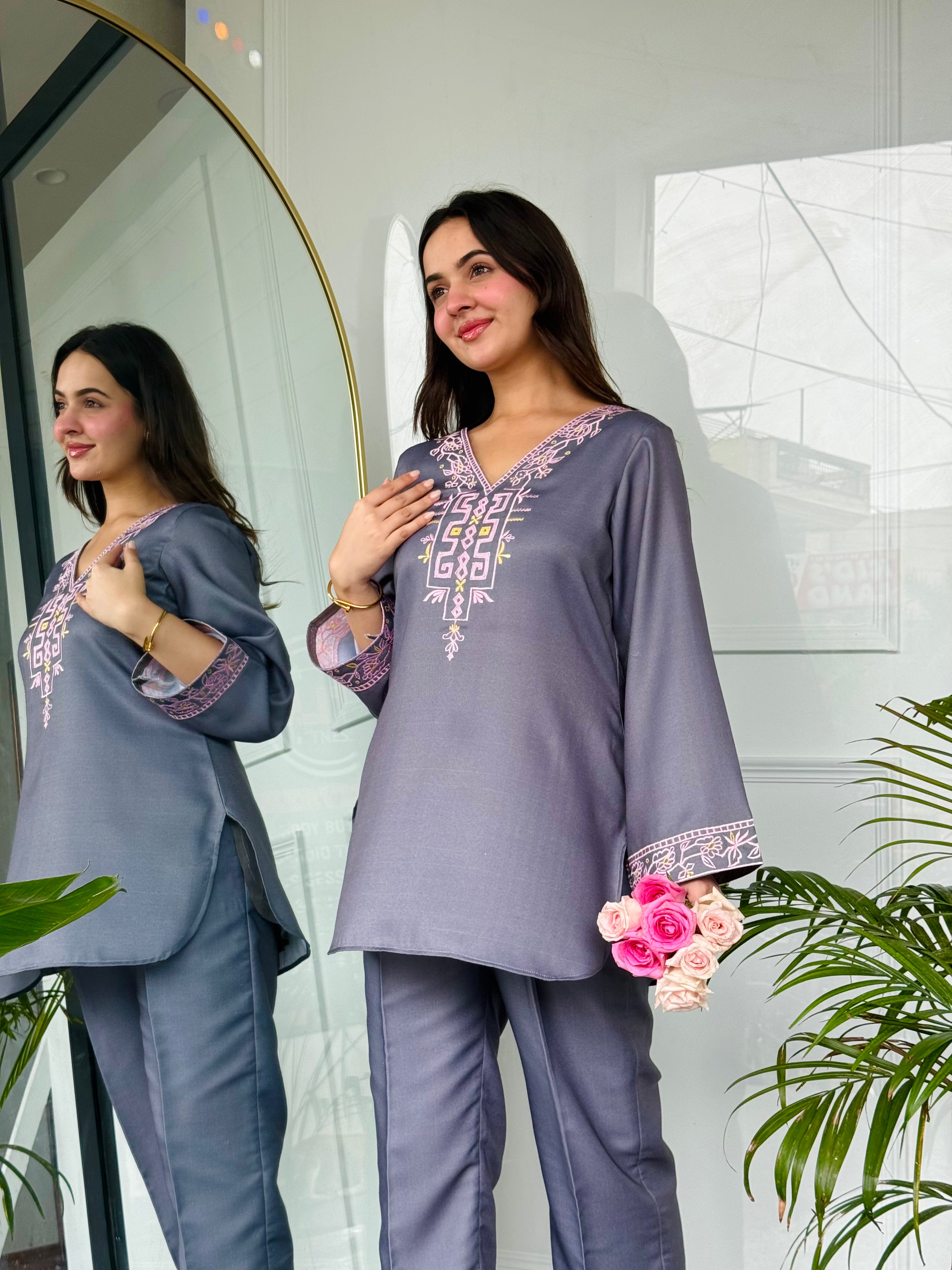 Gray Emnroidered Kurta Set