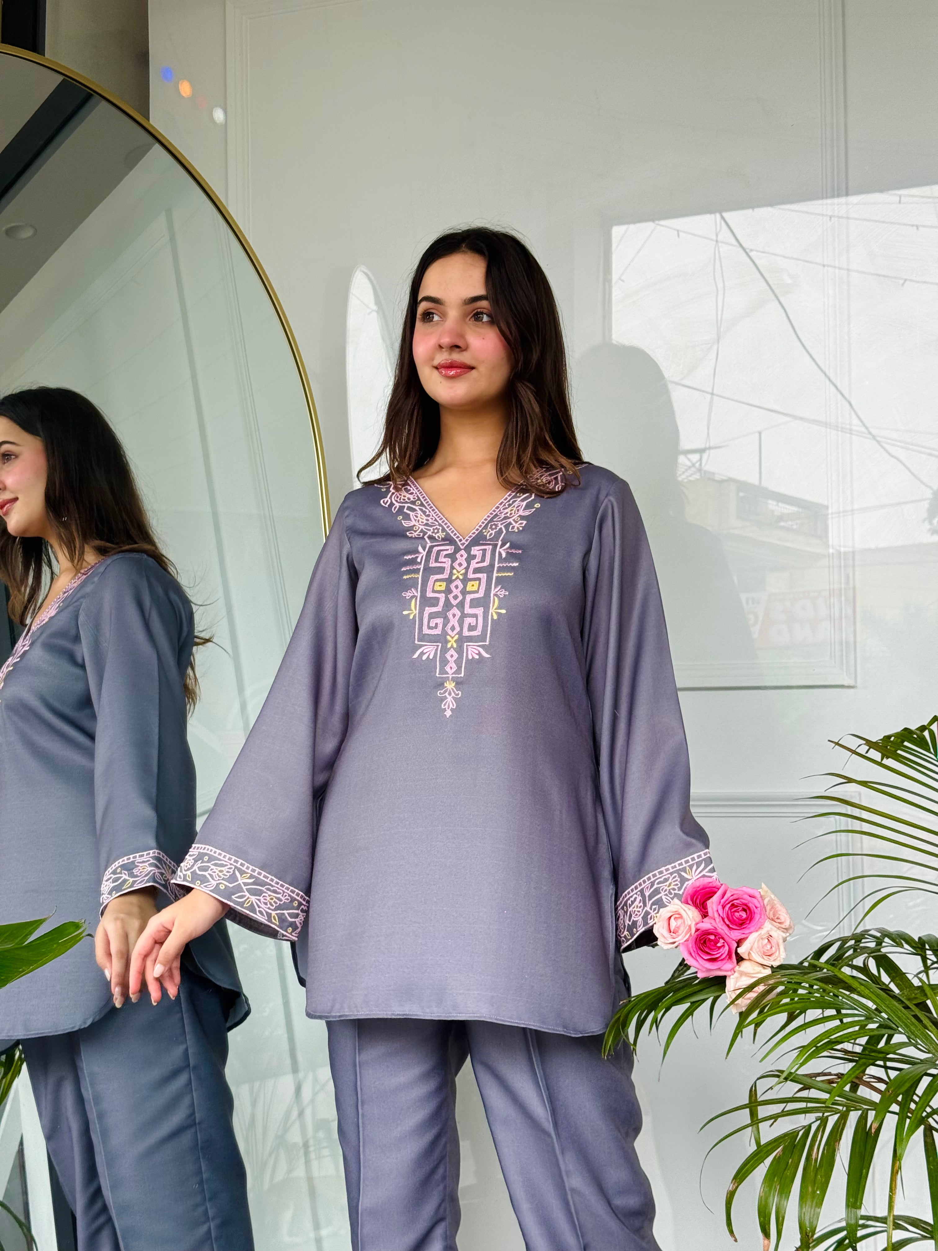 Gray Emnroidered Kurta Set