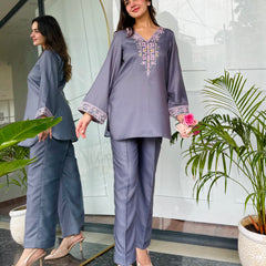 Gray Emnroidered Kurta Set