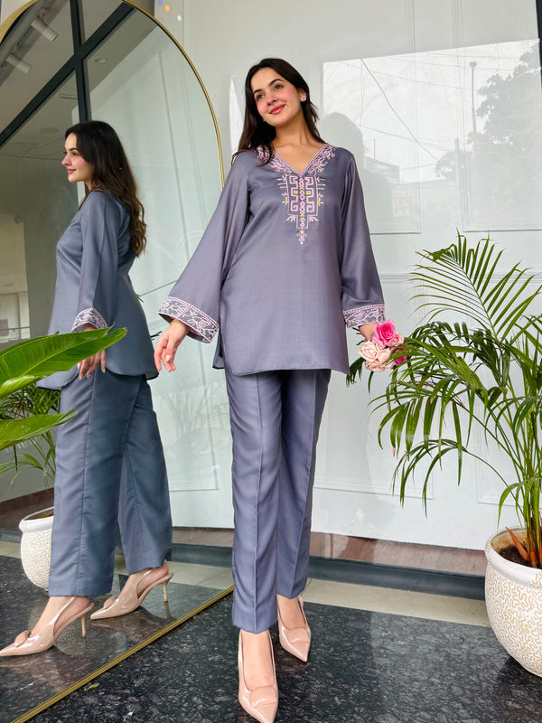 Gray Emnroidered Kurta Set